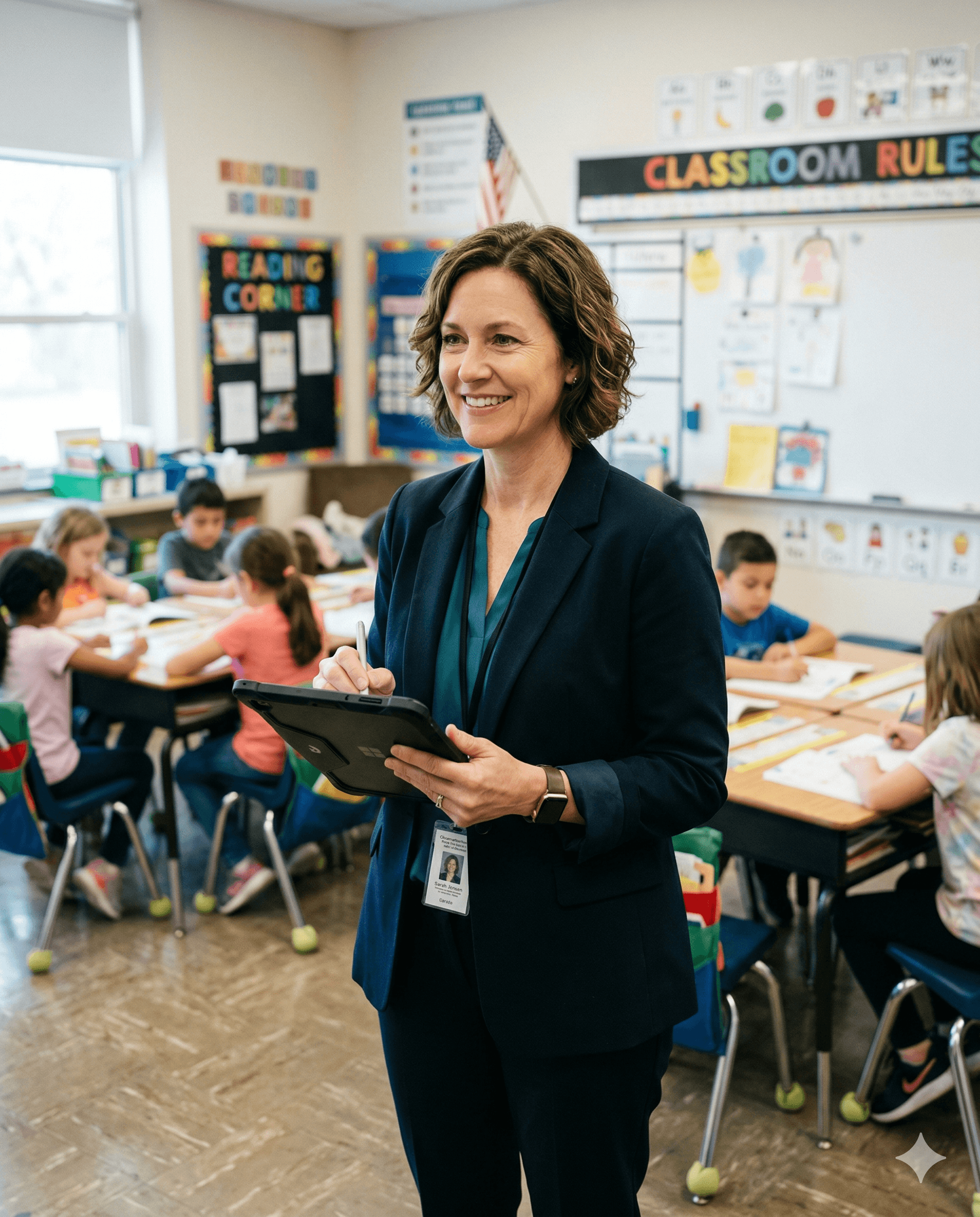 Principal taking observation notes on a tablet during a classroom walkthrough